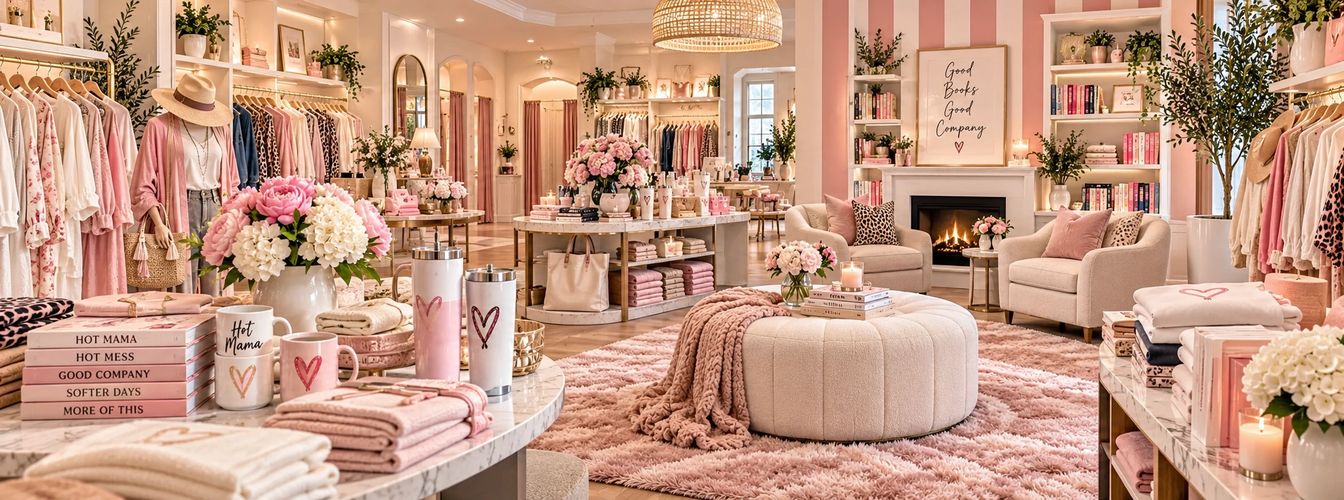 Picture of an interior store, lots of pink & beige furniture, clothes, books & merchandise
