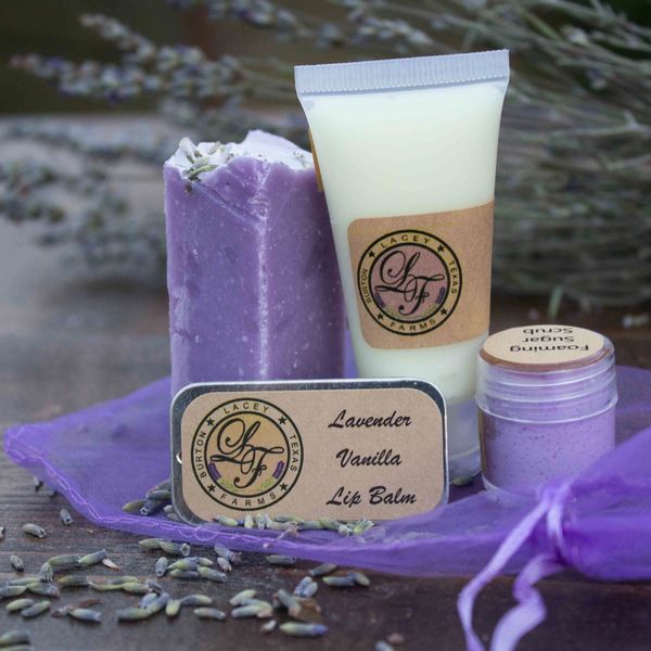 Lavender soap, lavender lotion, lavender lip balm, lavender sugar scrub