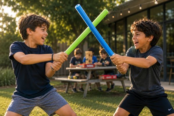 Two boys playfully duel with foam swords outside.