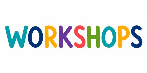 Colorful word 'WORKSHOPS' on white background.