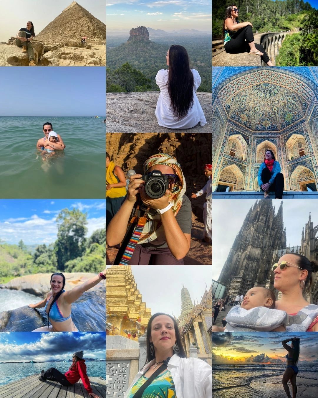 Woman exploring diverse landscapes and historic sites with her child, enjoying nature and culture.