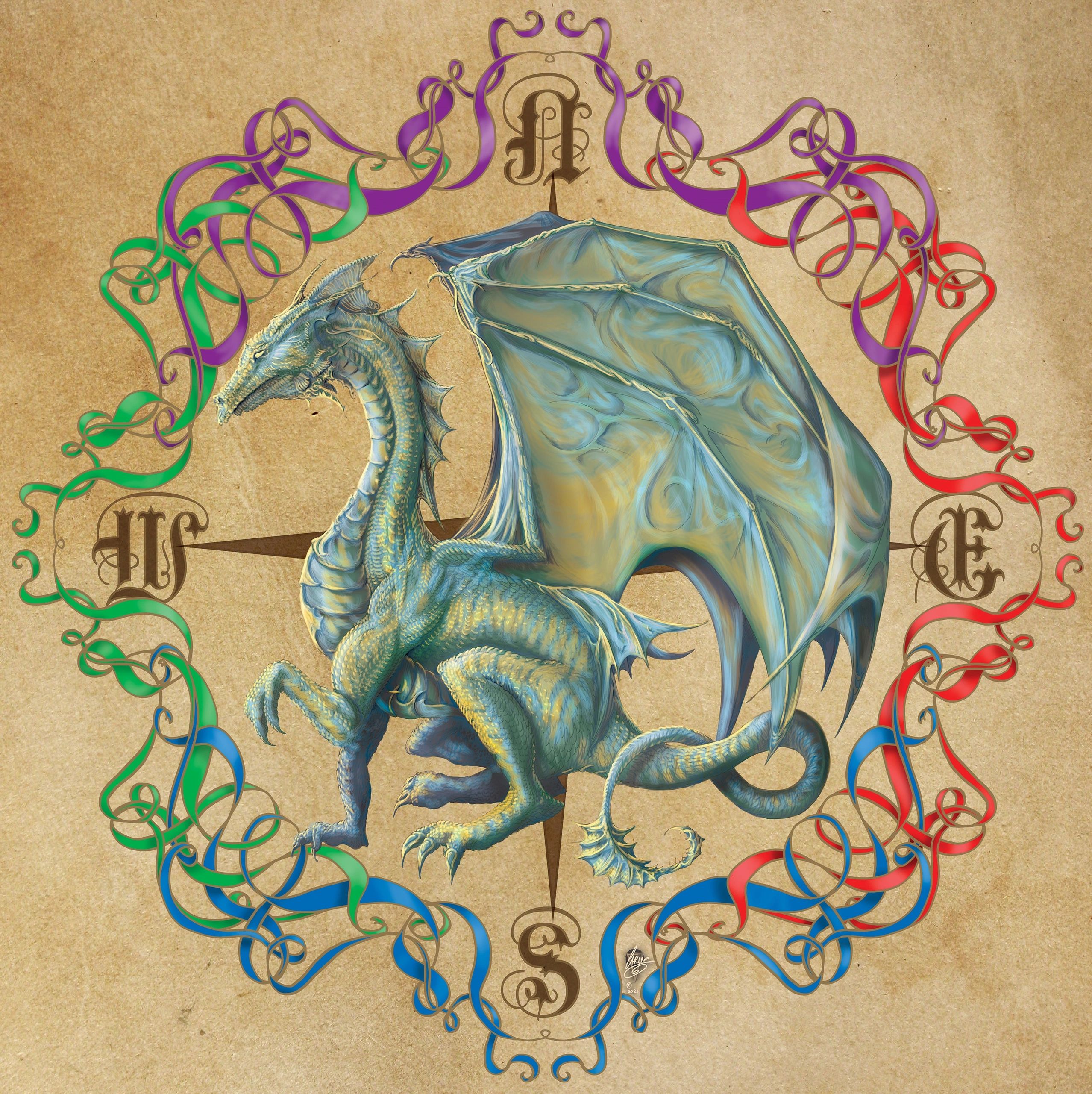 Compass rose with dragon and ornate ribbon detail from the Northern D'Erenelle map