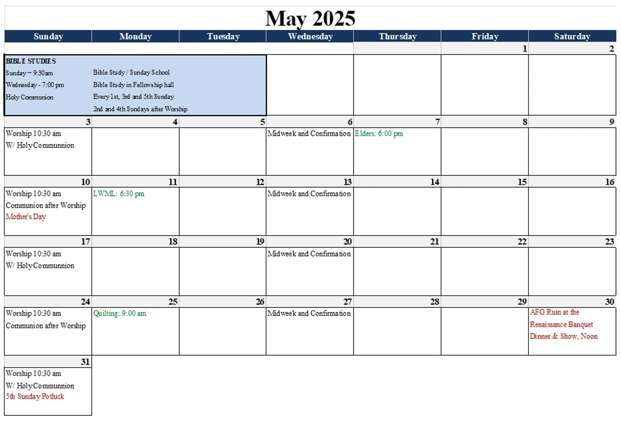 May 2025 church calendar with Bible studies, worship, and special events.