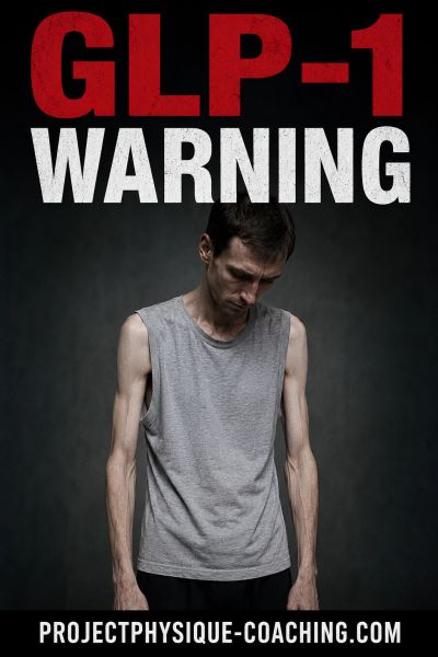Warning about GLP-1 with a thin man looking down.