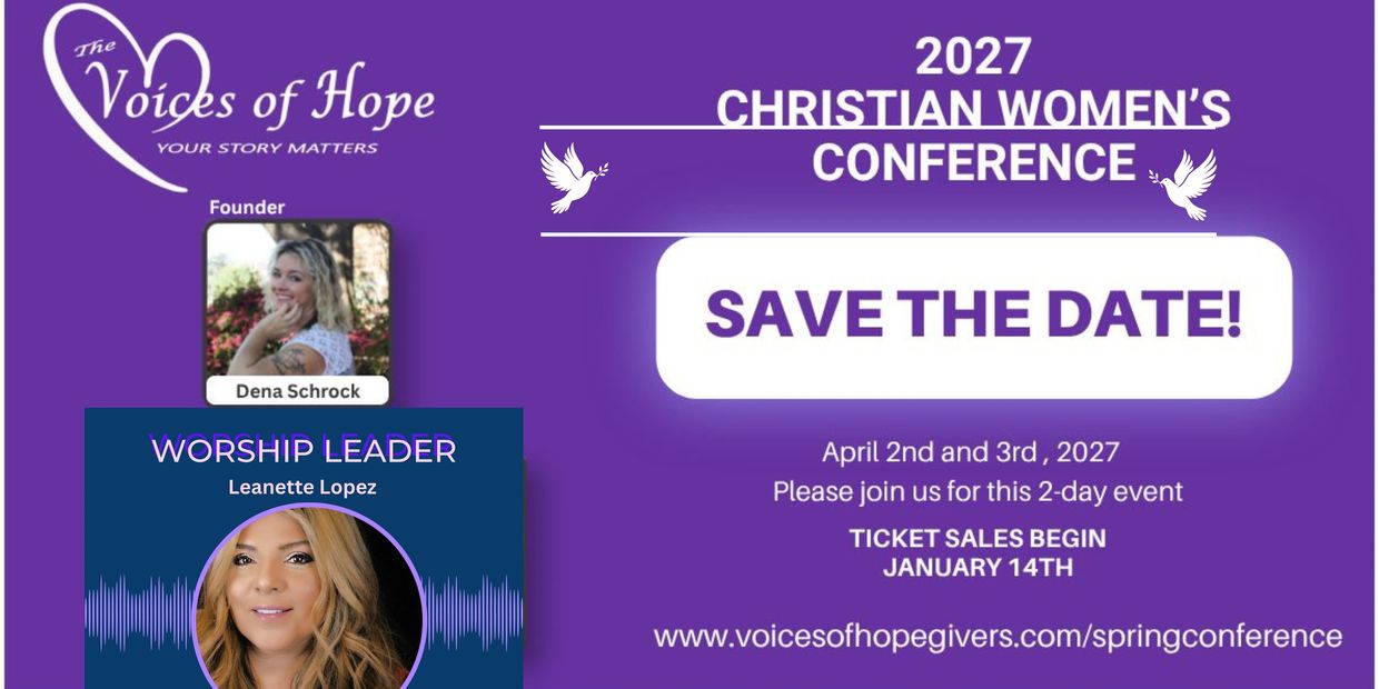 2027 Christian Women's Conference Save the Date announcement with founder and worship leader photos.