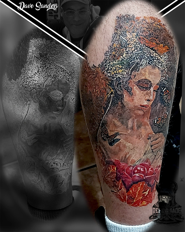 Highly detailed woman portrait with butterflies, roses and layered colour realism