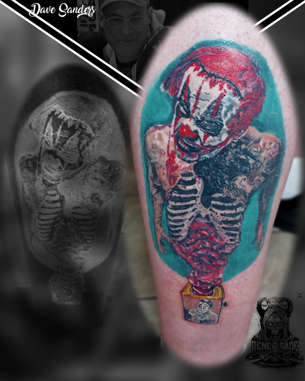 Creepy Clown-in-a-box tattoo by Dave Sanders, Renegade Tattoo Canada, Hamilton, Ontario