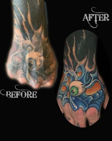 Hand tattoo restoration before and after in Hamilton by Dave Sanders of Renegade Tattoo Canada