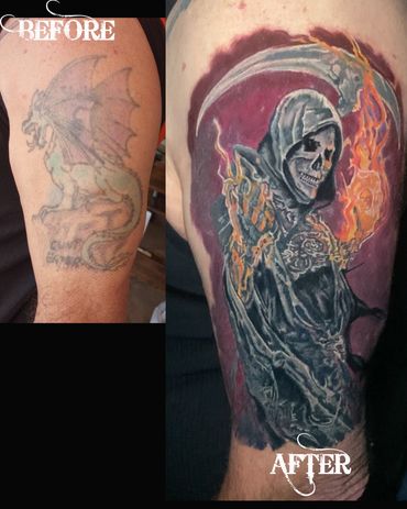 Grim Reaper tattoo cover-up before and after by Dave Sanders of Renegade Tattoo Canada in Hamilton,