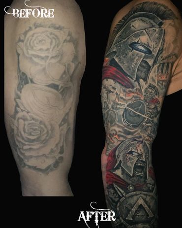 Spartan tattoo cover-up in Hamilton by Dave Sanders of Renegade Tattoo Canada