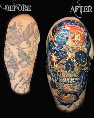 Galaxy-Skull cover-up tattoo by Dave Sanders at Renegade Tattoo, Hamilton, Ontario