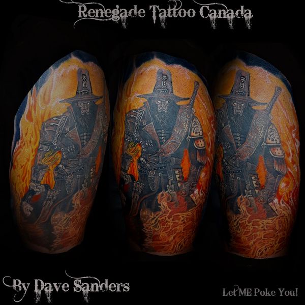 Detailed Headhunter tattoo with fire, armour and bold colour contrast