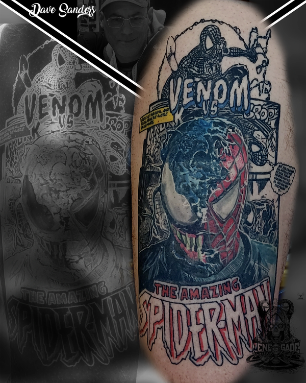 Healed Spider-Man & Venom comic tattoo with intricate detail by Dave Sanders, Renegade Tattoo