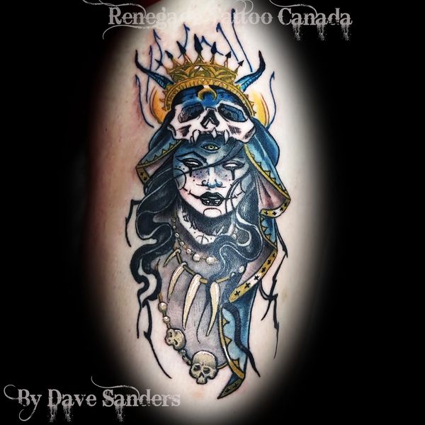 Detailed woman portrait with skull headdress, crown and dark illustrative styling