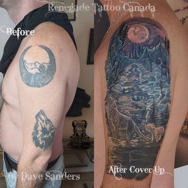 Wolf Scene Cover-up by Dave Sanders Renegade Tattoo Canada Hamilton Ontario