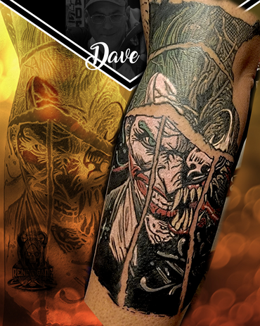 Comic book sleeve tattoo I've been doing with Joker, Venom, Batman, Harley Quinn and others. 