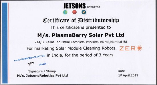 PlasmaBerry has been awarded as Master Distributor of Jetsons Robots for India