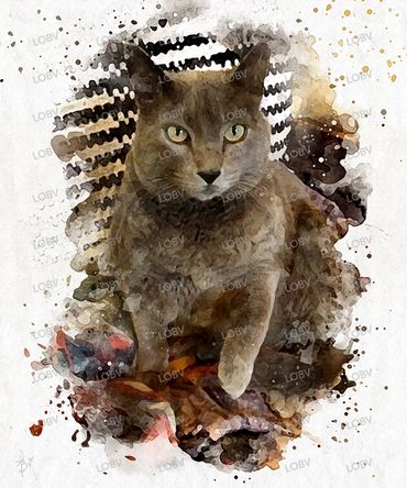 Painting of a grey cat.
