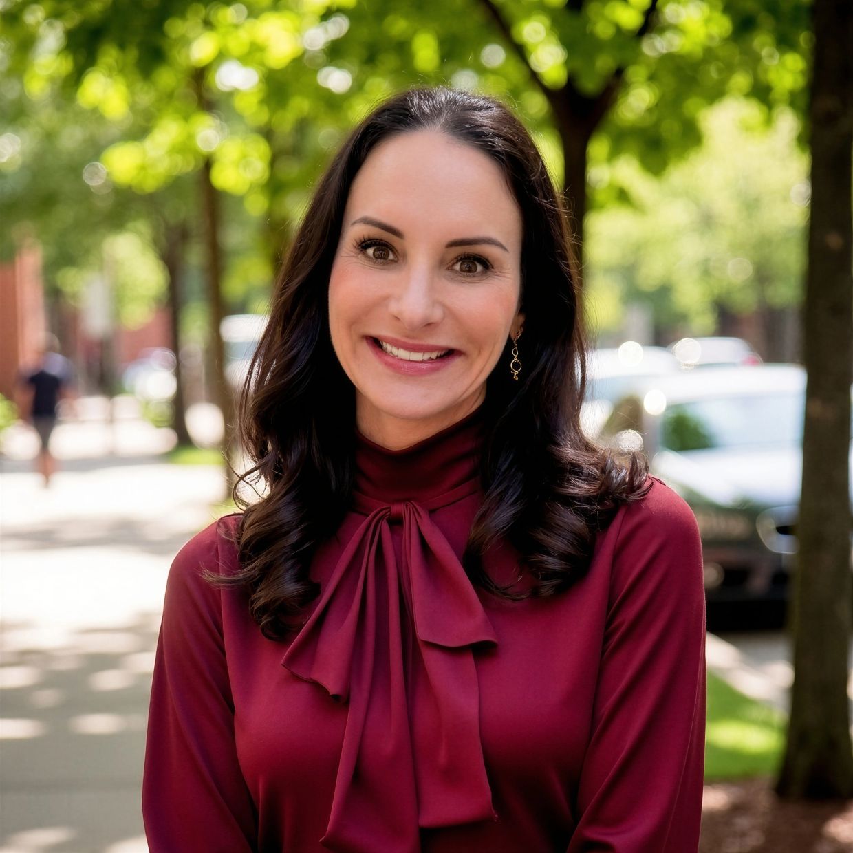 Smiling woman in a red blouse stands outdoors on a sunny day.