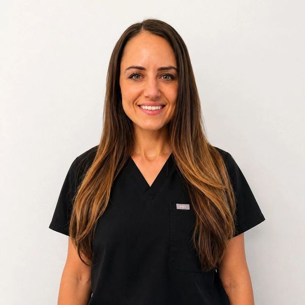 Smiling woman in black medical scrubs against white background.