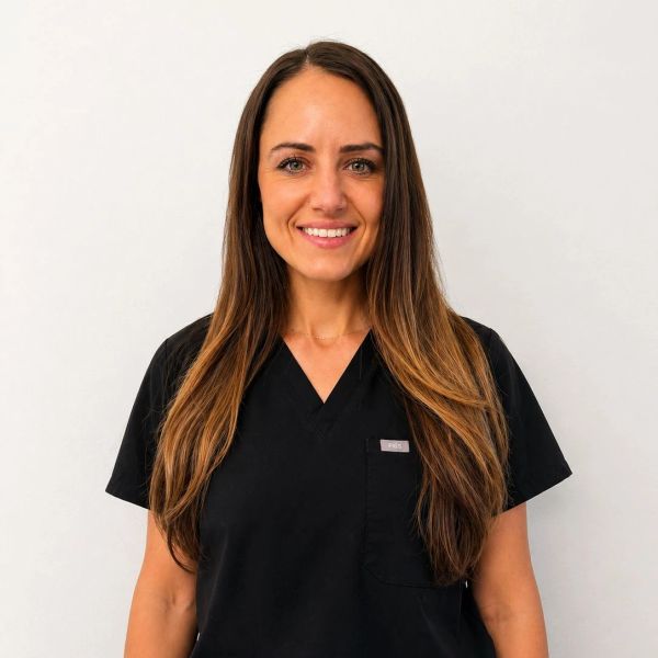 Smiling woman in black medical scrubs against white background.