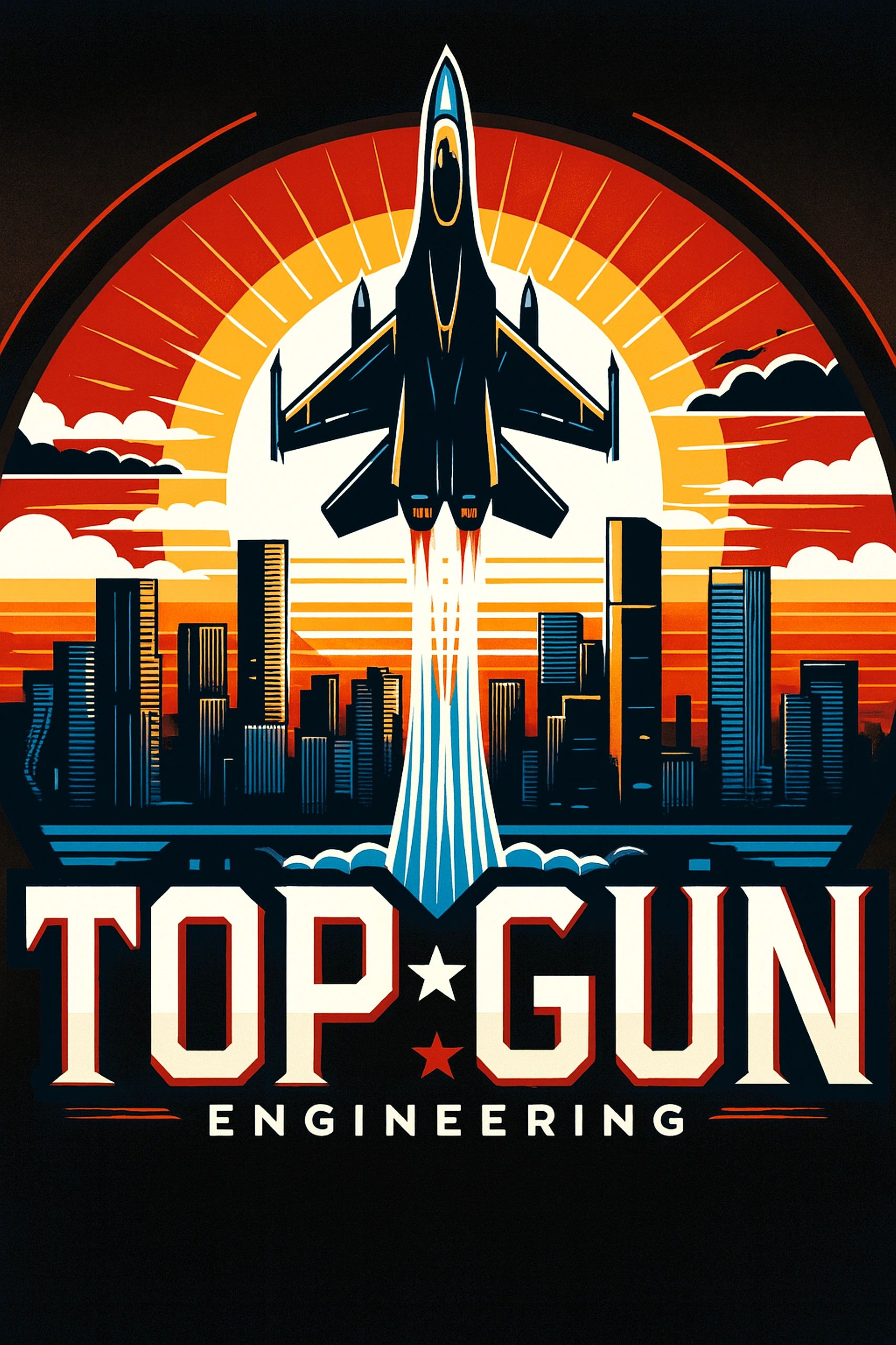 Top Gun engineering poster with jet and city skyline.