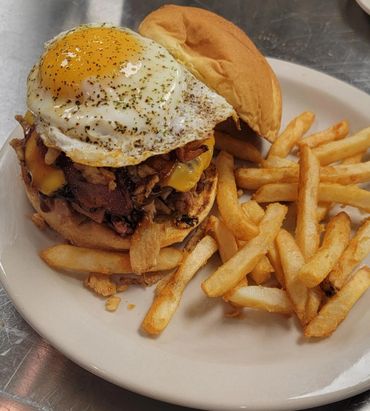 Burger and fries on a plate