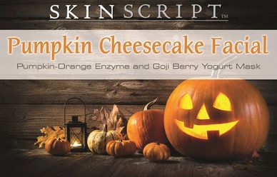 Pumpkin Cheesecake Facial advertisement with Halloween pumpkins.