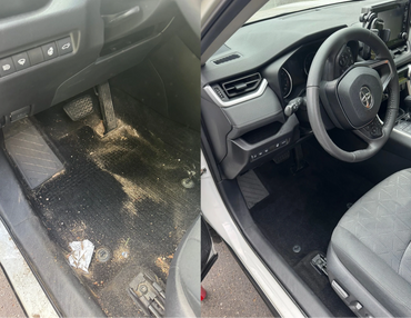 Before and after cleaning of a car's driver's side floor area.
