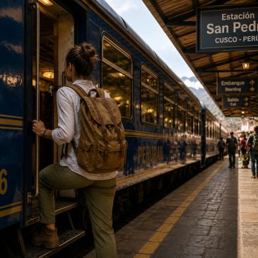 A woman boards a train at San Pedro station.