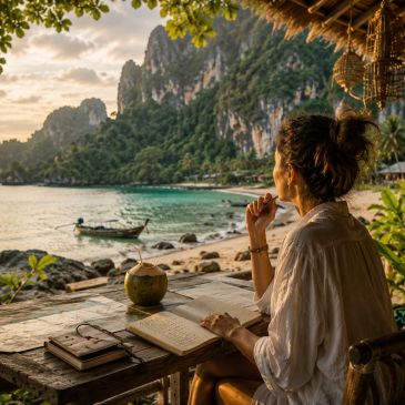 Woman enjoying a scenic view while writing by the beach.