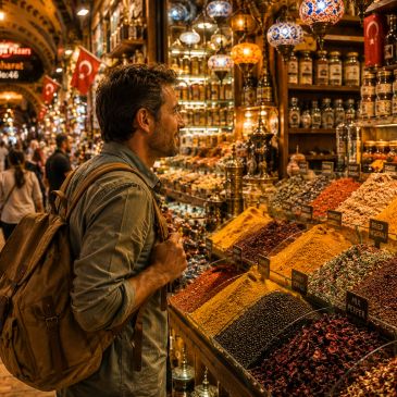 Man exploring a vibrant spice market.