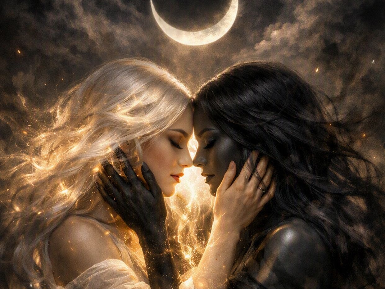 Two women with contrasting skin tones share an intimate moment under a crescent moon.