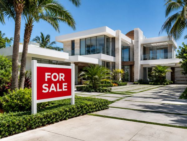 Modern luxury house with 'For Sale' sign in front and palm trees.