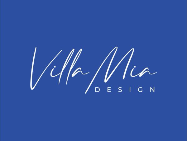 Villa Mia Design logo with elegant white script on blue background.