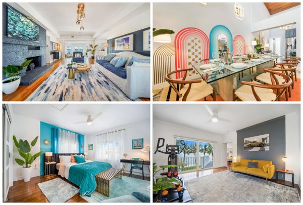 Four stylish, modern interior rooms showcasing living, dining, bedroom, and workout spaces.