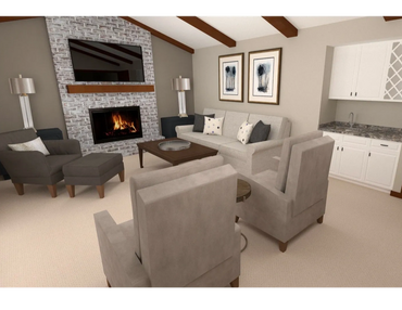 Before-and-after living room transformation featuring a redesigned fireplace by ID Cincinnati