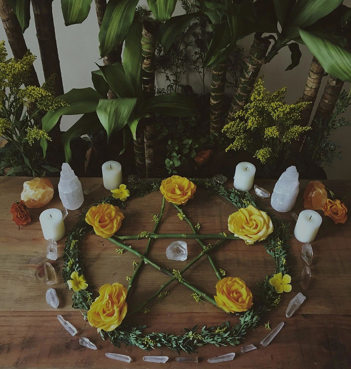 Wiccan altar pentacle, crystals, candles, flowers, the Craft, Wicca, Temple of the Twilight Goddess 