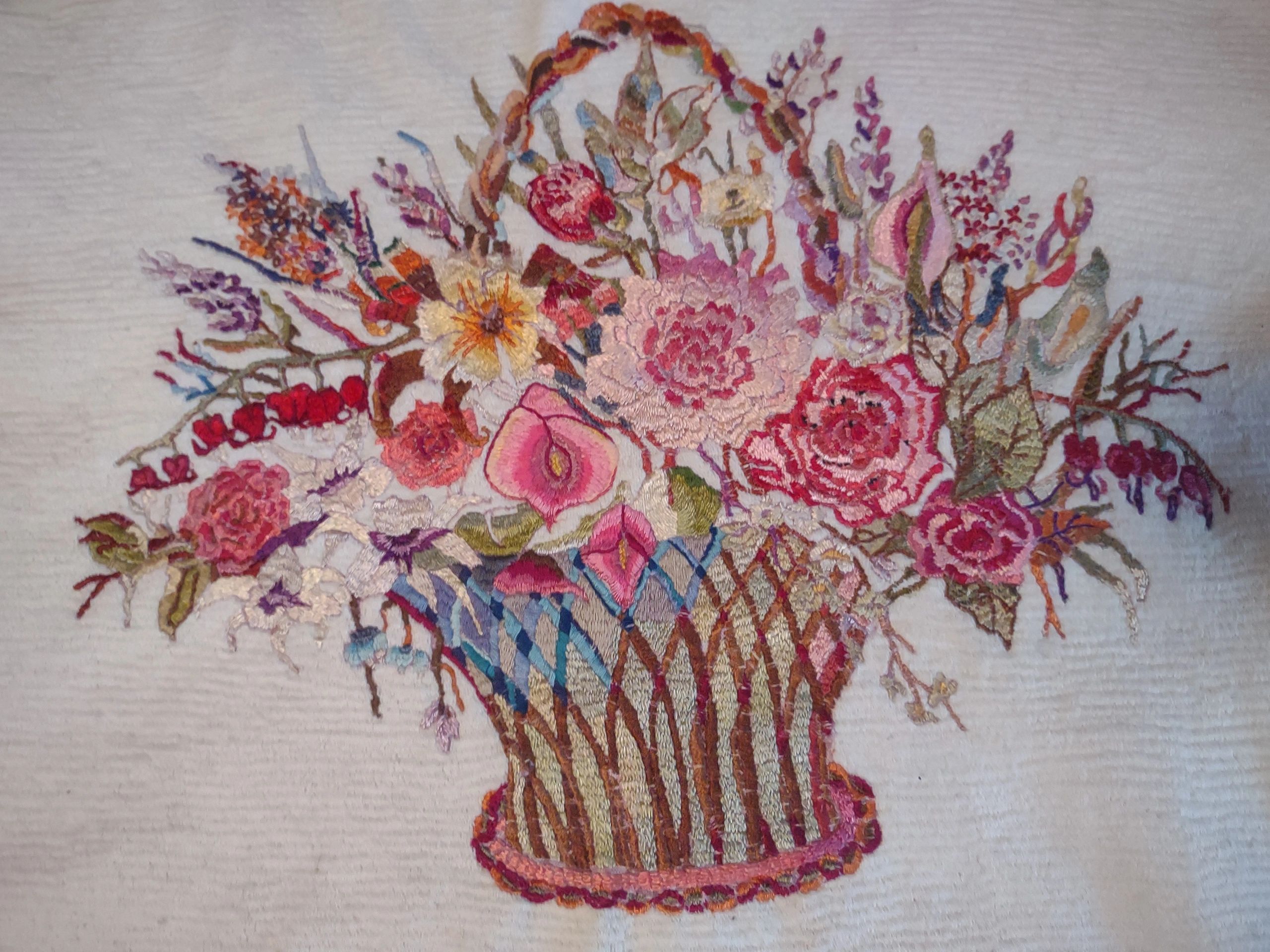 "Basket of Flowers" embroidered by Inez Running-rabbit.