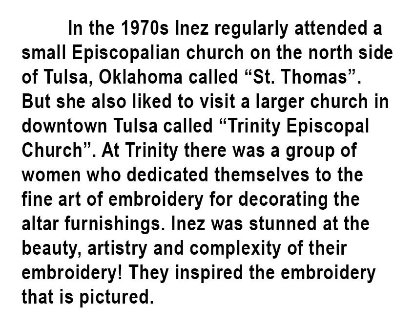 Explanation of embroidery and story by Robin Henson, Inez Running-rabbit's son.