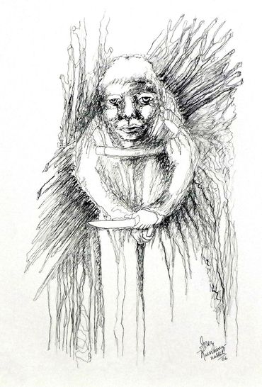 Ink drawing by Inez Running-rabbit.