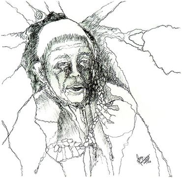 Self portrait ink drawing by Inez Running-rabbit.