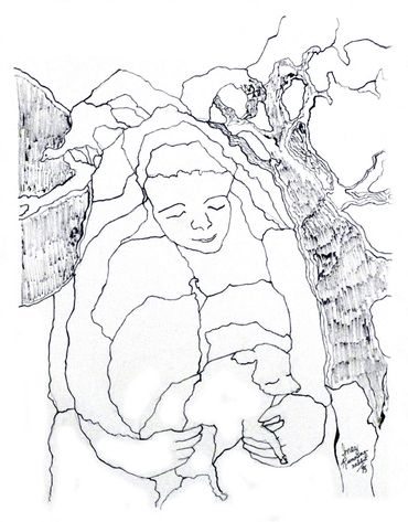 Ink drawing by Inez Running-rabbit.