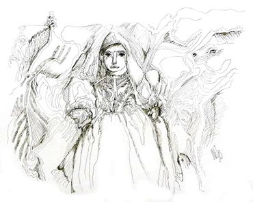 Ink drawing by Inez Running-rabbit.