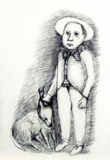"Sad Boy" ink drawing by Inez Running-rabbit.