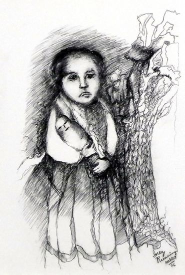 "Sad Girl" ink drawing by Inez Running-rabbit.