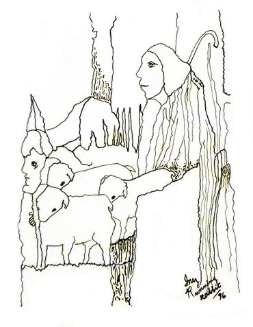 Ink drawing by Inez Running-rabbit.