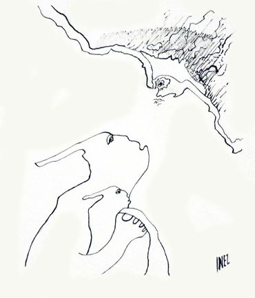 Ink drawing by Inez Running-rabbit.