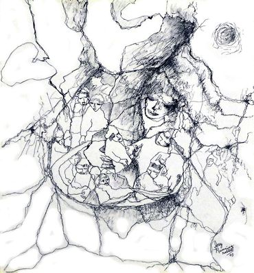 Ink drawing by Inez Running-rabbit.