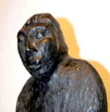 Close-up of sculpture of Aunt Annie by Inez Running-rabbit.